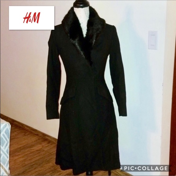 H&M Jackets & Blazers - HM Black Trench Coat W/ Faux Fur Chest